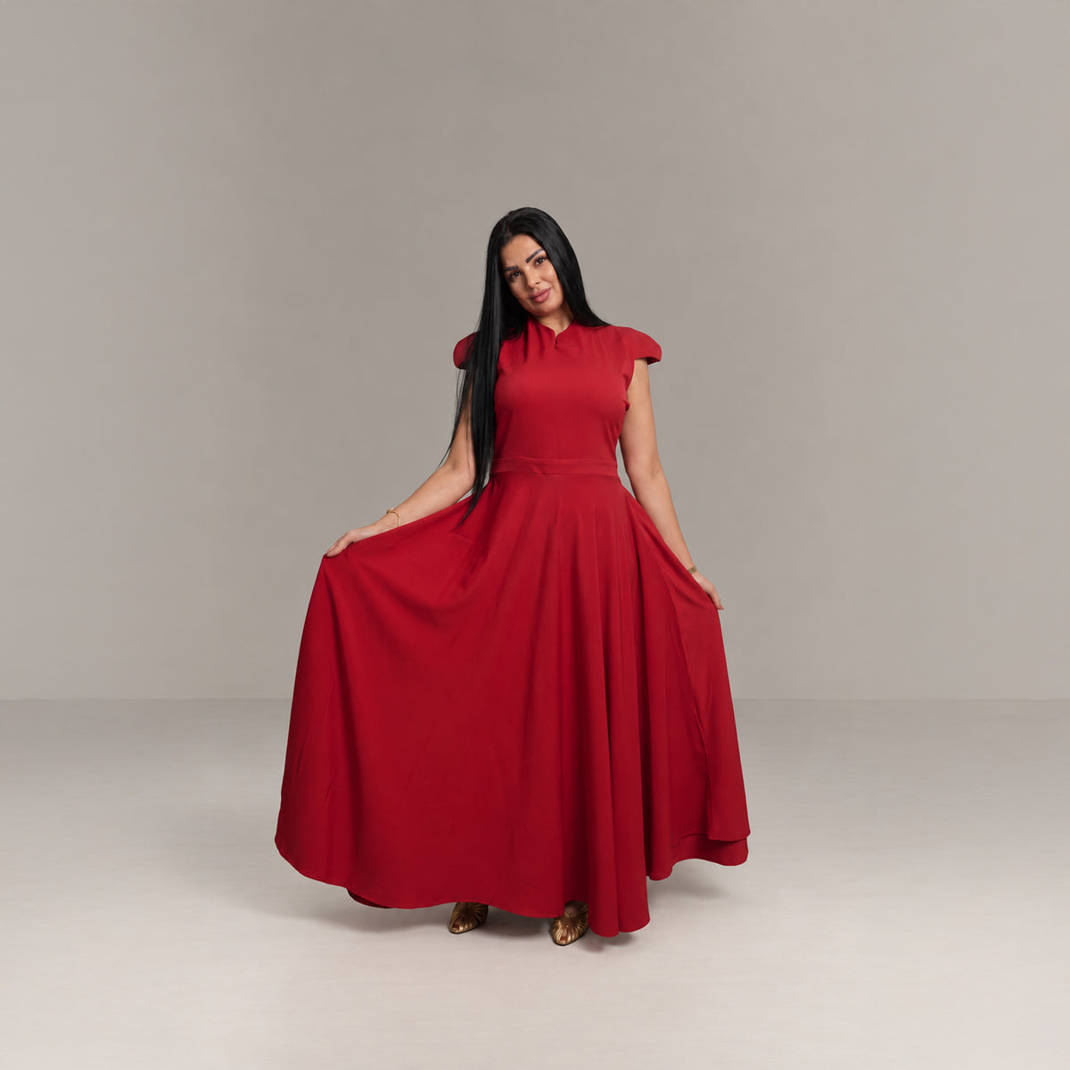 Classic Short-Sleeve Long Red Dress.